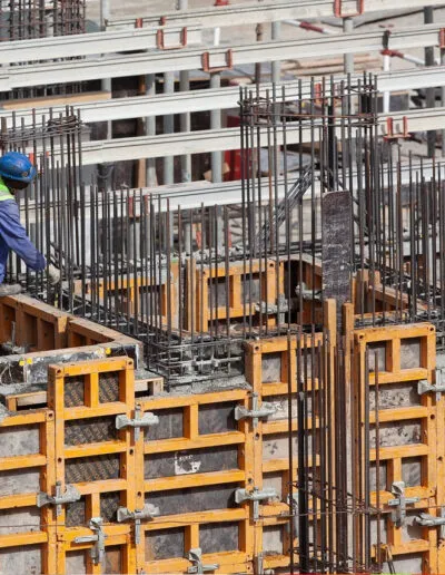 Column reinforcement and formwork on a concrete frame.